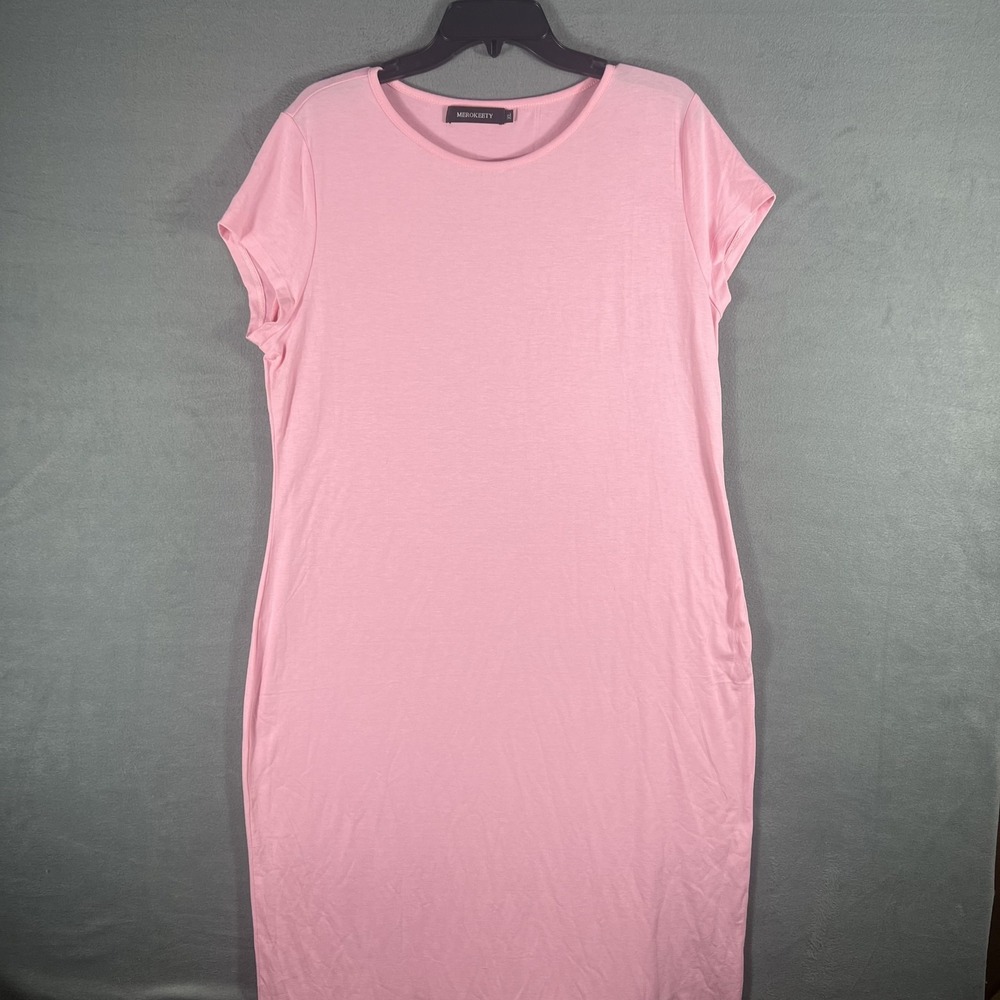 MEROKEETY Women's Pink Solid Short Sleeve Crew Neck Maxi‎ Dress Size XL